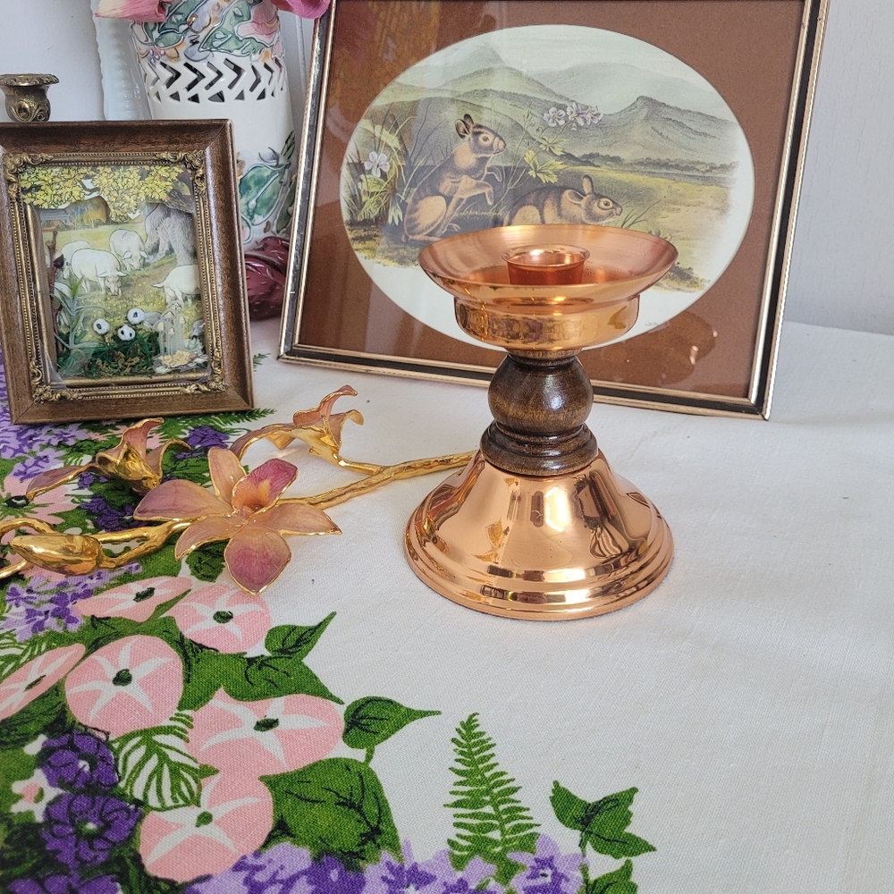 Vintage Coppercraft Guild Candle stick Holder Copper Wood